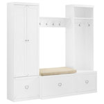 Crosley Furniture - Harper 4-Piece Entryway Set, White, Bench, Shelf, Hall Tree, and Pantry Closet - The Harper 4pc Entryway Set offers a great combination of storage solutions for your foyer or mudroom. The pantry closet provides adjustable and removable shelves, plus a full-extension drawer in the base. Without the shelves, the pantry closet offers hanging storage when you add the additional double hooks. The hall tree also provides hooks for coats and hats, plus another full-extension drawer. Tucked between the pantry closet and hall tree is an entryway bench with a cushioned seat and a wall-mounted shelf. Featuring label holder hardware, each storage drawer can be customized with personal labels. Every component of the Harper 4Pc Entryway Set is modular, allowing for flexibility and the look of genuine built-in storage.
