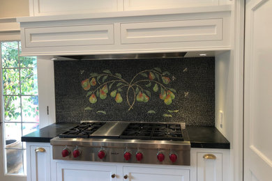 Classic kitchen in San Francisco with black splashback and mosaic tiled splashback.