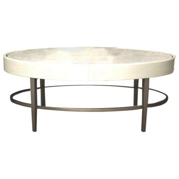 Modern Oval Ivory Leather Metal Coffee Table, Ellipse Bronze Round Minimalist