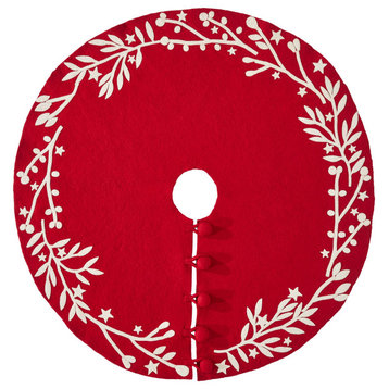 Handmade Tree Skirt in Felt -Branches and Stars on Red - 60"