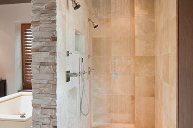 Example of a large transitional master ceramic tile bedroom design in DC Metro with gray walls