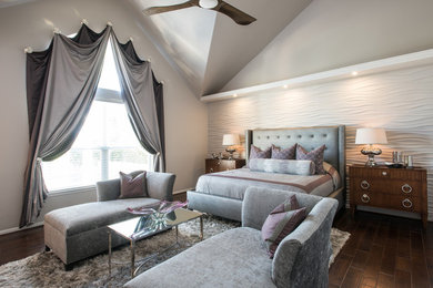 Large trendy master dark wood floor bedroom photo in Other with gray walls and no fireplace