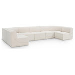 Meridian Furniture - Ollie Black Boucle Fabric U-Shaped Modular Sectional, Cream, 7-Piece: 5 Armless Chair, 2 Corner Chair - Meet the epitome of style and functionality with this Ollie boucle fabric living room sectional, part of the Ollie modular collection. A contemporary marvel, this sectional features chic and inviting rich cream boucle fabric upholstery, giving it a sumptuous texture that oozes elegance and luxury. Curved corners add to the visual look of the sectional while maximizing seating comfort while lounging, reading, or entertaining. Pair it with other items in the Ollie collection easily, thanks to an attachment latch underneath.