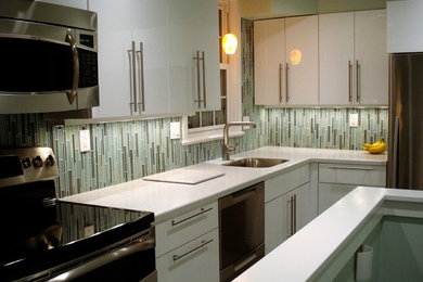 Example of a trendy kitchen design in DC Metro with a single-bowl sink, green backsplash, mosaic tile backsplash, stainless steel appliances and no island