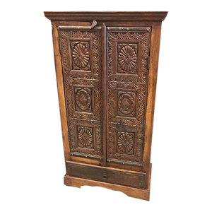Mogul Interior - Antique Floral Chakra Hand Carved India Cabinet Rajasthan Eclectic DEsign - Armoires And Wardrobes