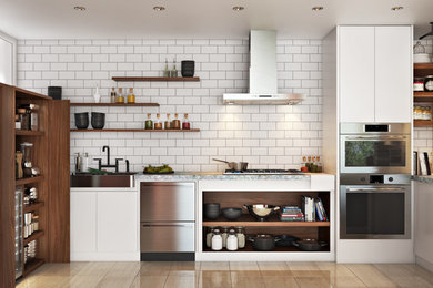 Transitional kitchen photo in Miami with flat-panel cabinets, white cabinets, white backsplash, subway tile backsplash, stainless steel appliances and a peninsula