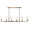 Linear 6 Light Chandelier, Antique Brass and Clear Glass