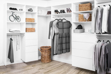 Ejemplo de armario y vestidor contemporáneo con armarios con paneles lisos, puertas de armario blancas y suelo de madera en tonos medios