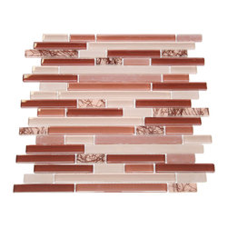 Glossy Wine Red with Red Plant Pieces Random Brick Pattern Mosaic Tiles - Home Decor