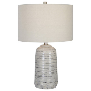Contemporary Ivory Gray Drip Glaze Ceramic Table Lamp 25 in Striped Ribbed Luxe