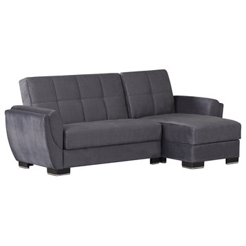 L-Shaped Sleeper Sofa, Curved Padded Arms, Gray Microfiber
