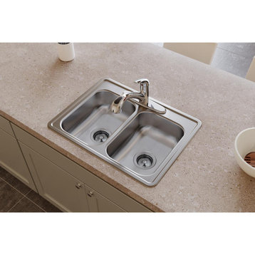 D225193 Dayton Stainless Steel 25" x 19" Double Bowl Drop-in Sink, 3 Holes