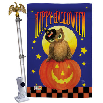 Owl Sitting on Jack-O-Lantern Fall Halloween House Flag Set