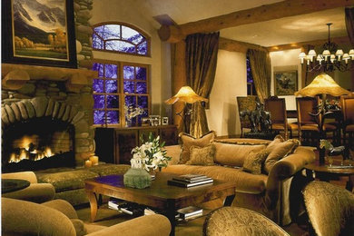 Small mountain style open concept and formal carpeted living room photo in Denver with beige walls, a standard fireplace, a stone fireplace and no tv