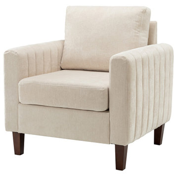 35" Comfy Club Chair for Bedroom With Wood Legs, Ivory