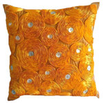 The HomeCentric - Orange Art Silk 16"x16" Ribbon Marigold Flower Pillows Cover, Marigold - Marigold is an exclusive 100% handmade decorative pillow cover designed and created with intrinsic detailing. A perfect item to decorate your living room, bedroom, office, couch, chair, sofa or bed. The real color may not be the exactly same as showing in the pictures due to the color difference of monitors. This listing is for Single Pillow Cover only and does not include Pillow or Inserts.