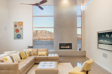 Trendy living room photo in Albuquerque with white walls, a ribbon fireplace and a wall-mounted tv