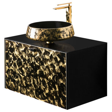 Rina Luxury Murano Glass Single Bathroom Vanity 32", Black And Gold