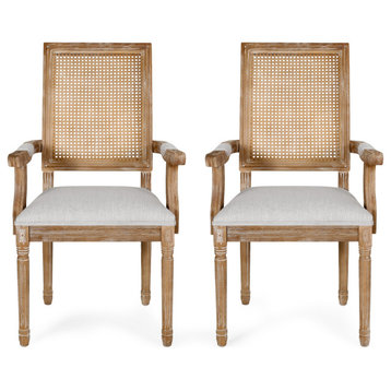 Zentner Wood and Cane Upholstered Dining Chair, Light Grey + Natural, Set of 2