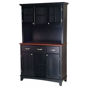 Bowery Hill Wine Rack Buffet with Cherry Wood Top and 2 Door Hutch in Black