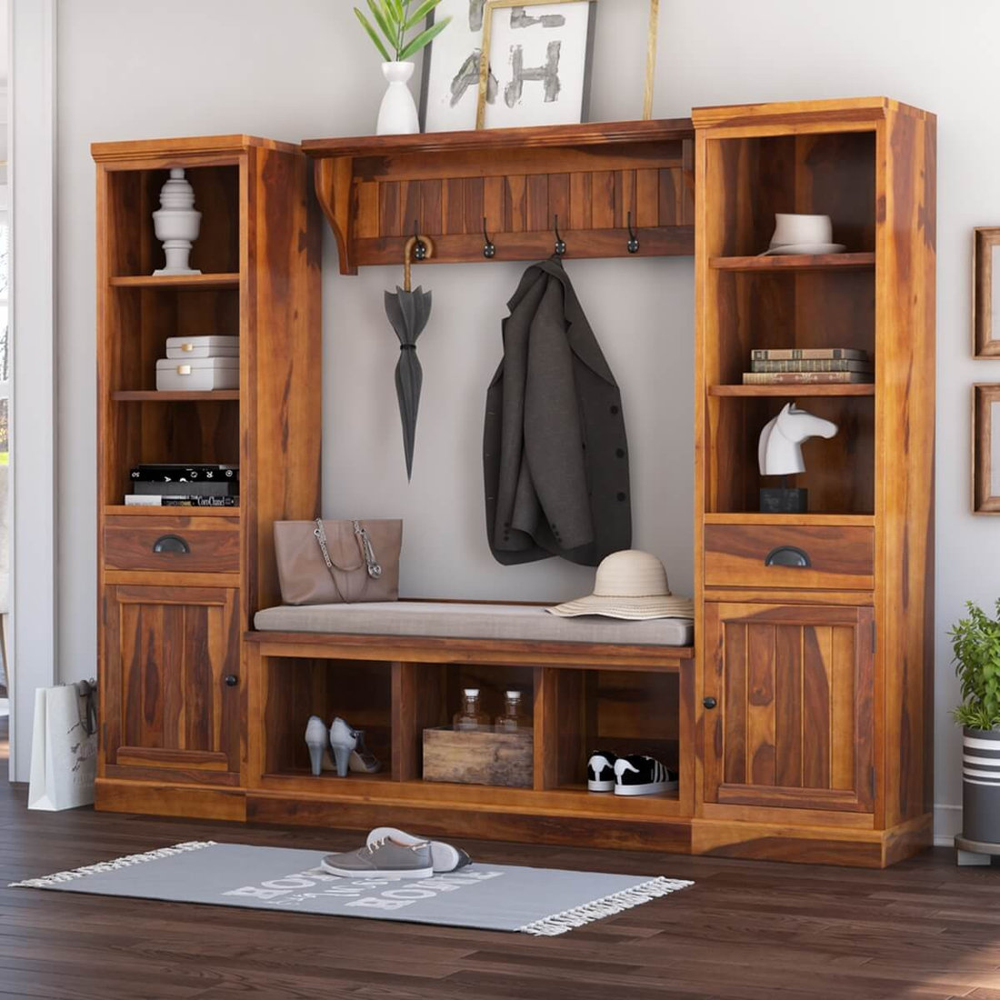 Peletier Rustic Solid Wood 4 Piece Entryway Hall Tree Set