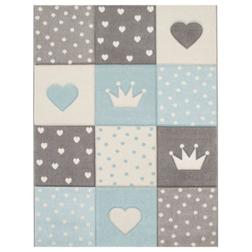 Kids Rug Checkered With Hearts and Crowns, Blue, 3'11"x5'7"