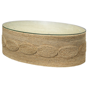 Elegant Wrapped Rope Oval Coffee Table Coastal Cream Graphic Geometric Shapes