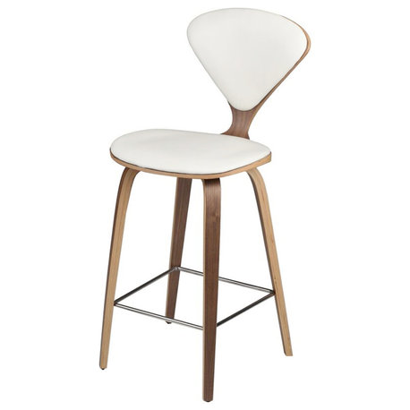 Satine Bar Stool, Molded Plywood Barstool, Leather Seat, Walnut Frame, White