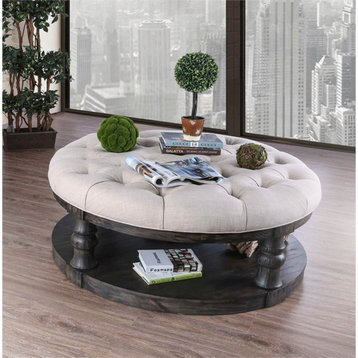 Furniture of America Joss Rustic Wood Round Tufted Coffee Table in Antique Gray