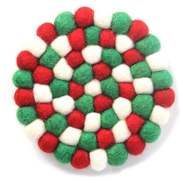Felt Ball Multicolor Coasters, Set of 4, White Christmas