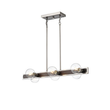 6-Light Brushed Nickel and Wood Finish Island Linear Industrial Chandelier