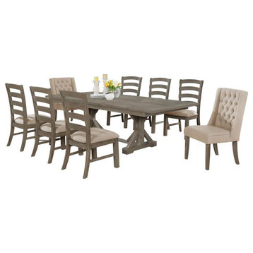 Rustic 9pc Dining Set with Beige Linen Chairs and Extendable Wood Dining Table