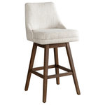 Armen Living - Branson Brown Solid Wood 30" Swivel Barstool, Beige Fabric, Set of 2 - The Branson Bar Stool is the perfect combination of style, comfort, and functionality for your kitchen island, counter, or home bar. Designed with a modern transitional flair, this bar stool features a durable rubberwood frame with a stunning wire-brushed finish, adding warmth and texture to any space. The cushioned seat and low-back design are upholstered in high-quality polyester fabric, ensuring both durability and elegance.
