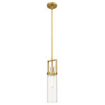 Innovations Lighting - Utopia 1 Light 15" Stem Hung Pendant, Brushed Brass, Clear Glass - Modern and geometric design elements give the Utopia Collection a striking presence. This gorgeous fixture features a sharply squared off frame, softened by a round glass holder that secures a cylindrical glass shade.