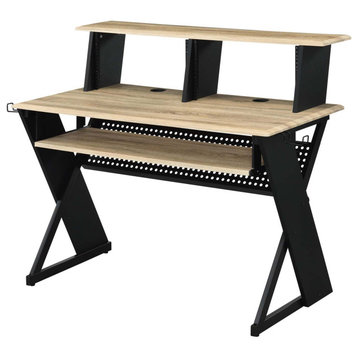 Rectangular Music Desk Table With Earphone Rack, Natural and Black