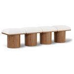Meridian Furniture - Pavilion Black Boucle Fabric Bench, Cream, Walnut Brown Finish, 72" W X 15.5" D X 17.5" H - Bring valuable seating and remarkable style to your space with this cream Pavilion boucle fabric bench, an exquisite balance of style and usability for the entryway, bedroom, and beyond. Crafted from oak veneer with a walnut brown finish, this bench has a 4-inch-thick seat cushion that's channel-tufted for a touch of luxury. The bench's columnar bases add a dash of art deco design, making it a captivating focal point in any room.