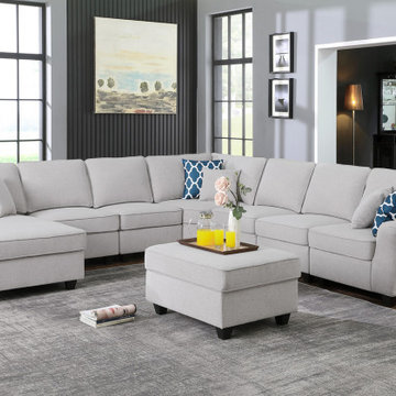 Leo 125" 8Pc Modular L-Shape Sectional Sofa Chaise and Ottoman