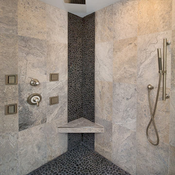 Exquisite Master Bath with 3 Sided Fireplace & Frosted Glass Compartment