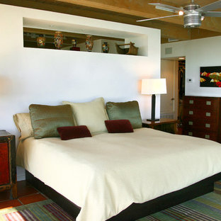 Esempio di una camera matrimoniale etnica di medie dimensioni con pareti bianche, pavimento in terracotta e nessun camino