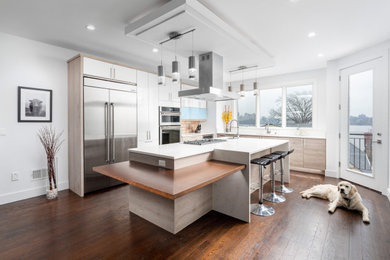 Kitchen - mid-sized contemporary l-shaped dark wood floor kitchen idea in New York with flat-panel cabinets, quartz countertops, white backsplash, stainless steel appliances, an island and white countertops