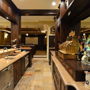 Mid-sized elegant enclosed limestone floor home theater photo in Indianapolis with beige walls