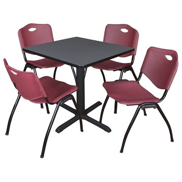 Cain 30" Square Breakroom Table, Gray and 4 'M' Stack Chairs, Burgundy