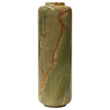 Natural Olive Green Stone Carved Round Column Shape Display Vase Hws1647