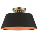 Livex Lighting - Livex Lighting 1 Light Antique Brass Semi-Flush Mount - The single light antique brass finish Palma semi-flush has a modern and retro appeal. The hand-crafted black fabric hardback angled shade is set off by an inner silky orange fabric which creates a versatile effect. Perfect fit for the living room, dining room, kitchen or bedroom.