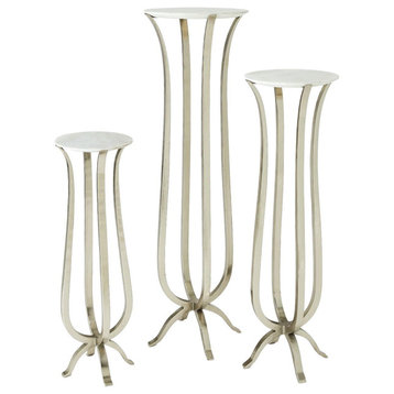 Open Curving Silver Nickel Metal Pedestal Table White Marble Top, Set of 3
