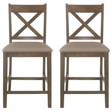 Bouman Farmhouse Upholstered Wood Counter Stools (Set of 2), Antique Brown