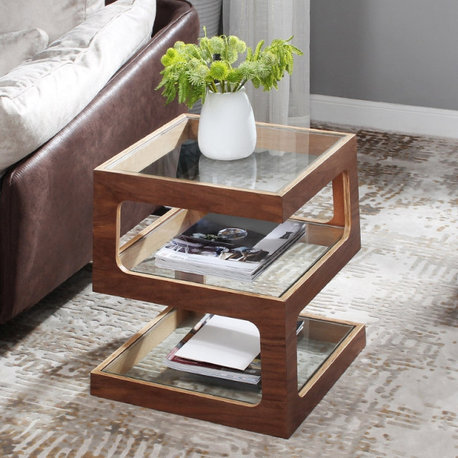 Modern Glass Side Table with 3 Tiers S-shaped End Table, Walnut