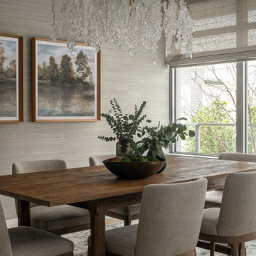 Warm Textural Dining Room With Dripping Button Glass Chandelier Neutral Grassclo
