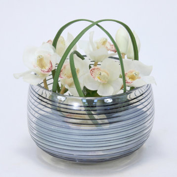 Orchids in Black Ring Glass Bowl