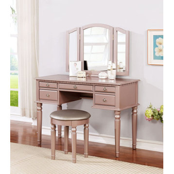 Vanity Set with Tri-Fold Mirror, Rose Gold